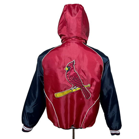 St Louis Cardinals Bomber Jacket Mens Medium Red Blue Detachable Hood Full Zip - Picture 3 of 12
